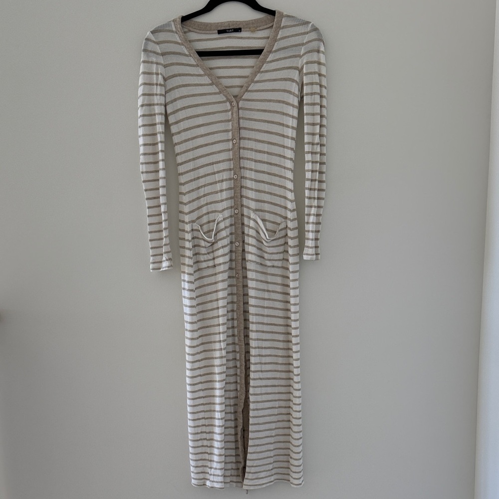 Tart Beige and White Striped Knit Cardigan Dress